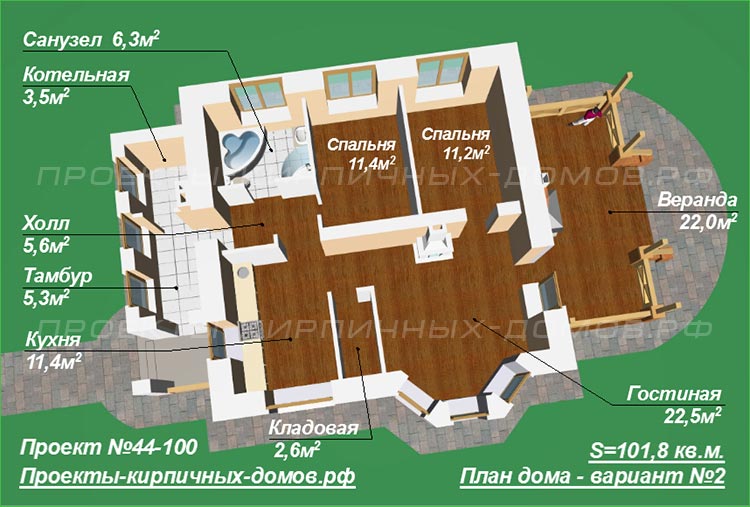 План одноэтажного дома 8 на 11 с тремя спальнями